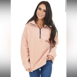 Peach Sherpa Half Zip Mock Neck Jacket With Side Pockets